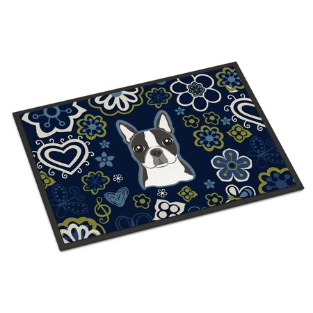 Carolines Treasures 18 x 27 in. Blue Flowers Boston Terrier Indoor or Outdoor Mat BB5054MAT